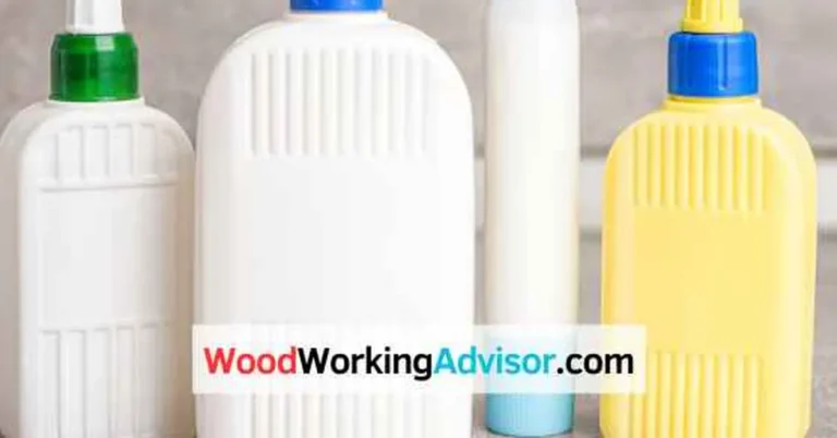 Wood glue bottles next to primer on a workbench