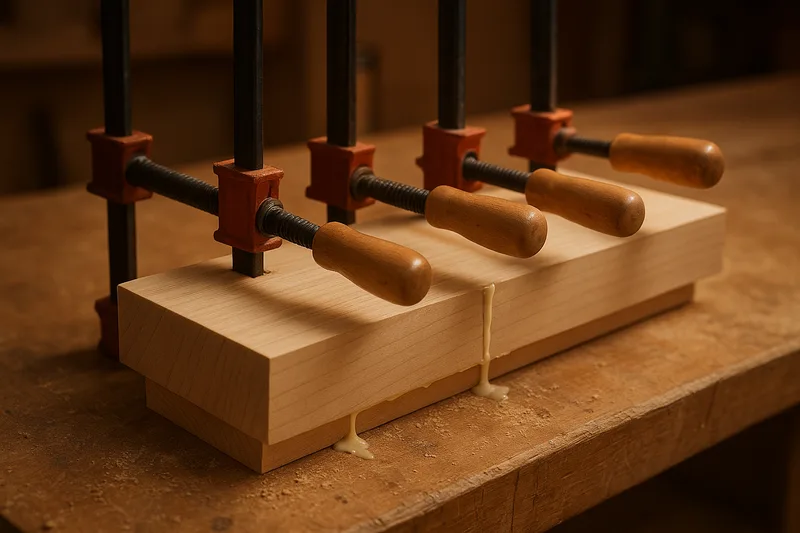 A wood glue-up held under bar clamps with visible glue squeeze-out along the seam