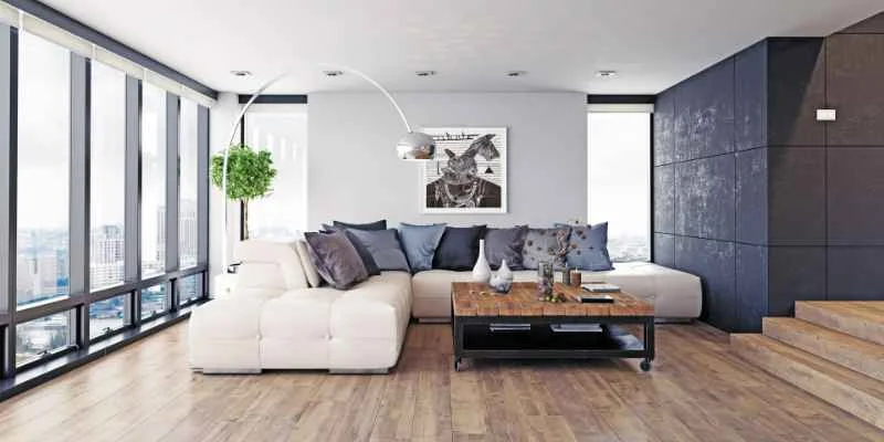 Wood-look tile flooring in a modern living room