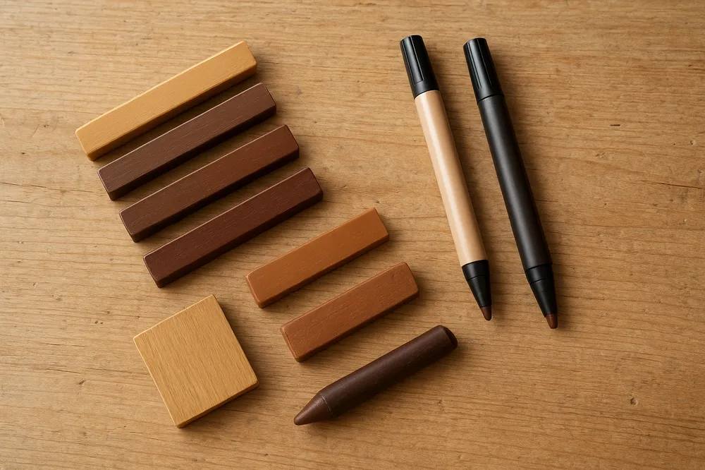 Assortment of wax fill sticks and touch-up markers in different wood-tone colors laid out on a workbench