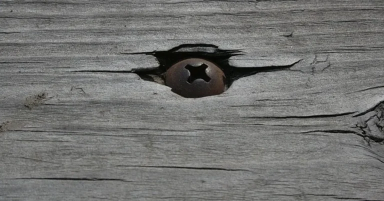 Rusty screw head in a cracked wood plank hole before filling