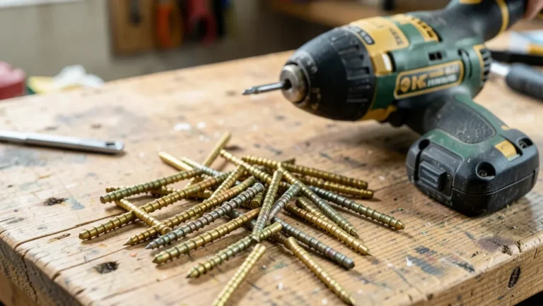 Assortment of wood screws of different lengths on a workbench next to a cordless drill
