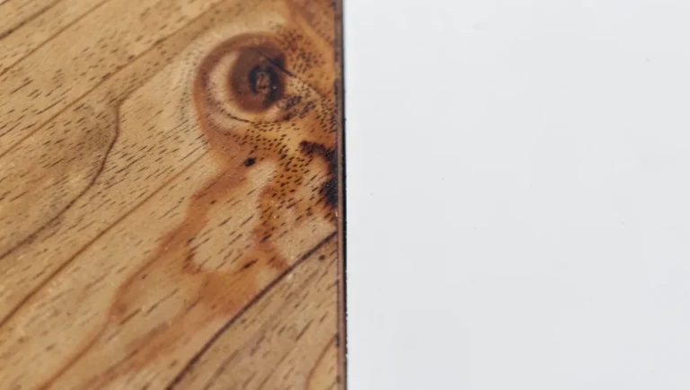 Wood grain visible through stain on the left next to a smooth opaque painted wood surface on the right