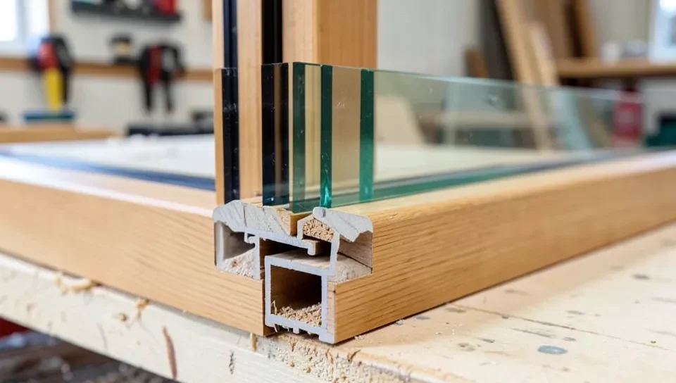 Cross-section of double-pane glazing in a wood window frame