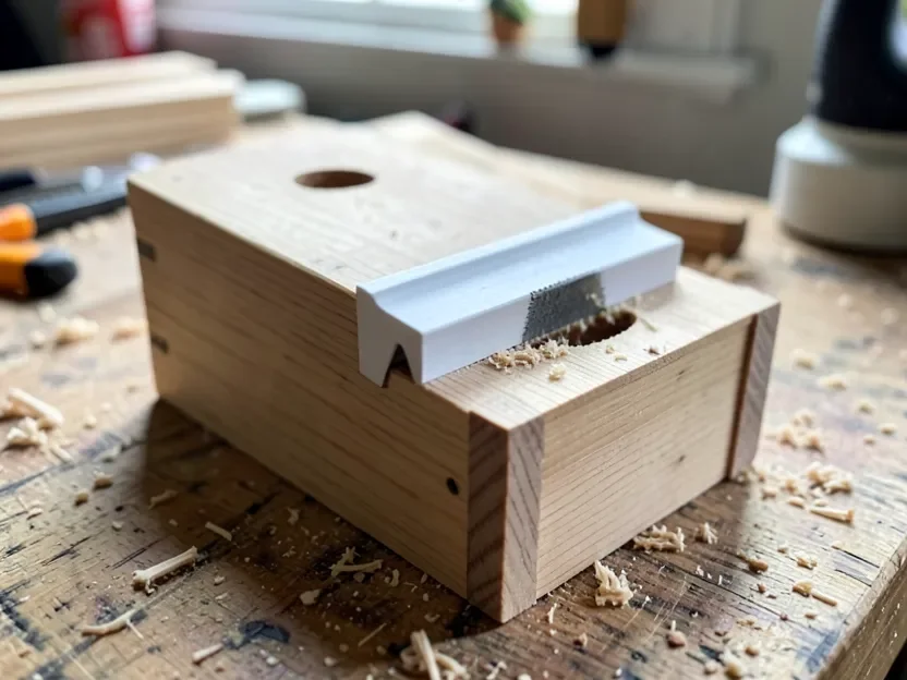 Quarter round molding clamped in a wooden miter box with a backsaw positioned for a 45 degree cut