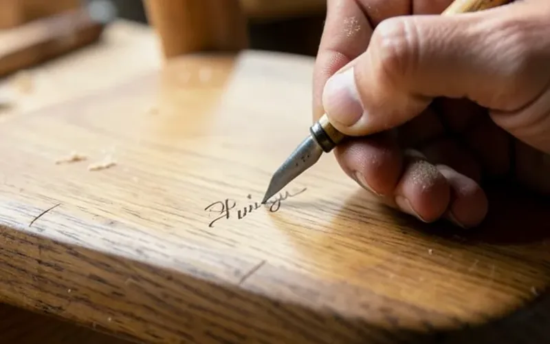 woodworker using a carving gouge to incise a signature into the underside of a wooden chair seat