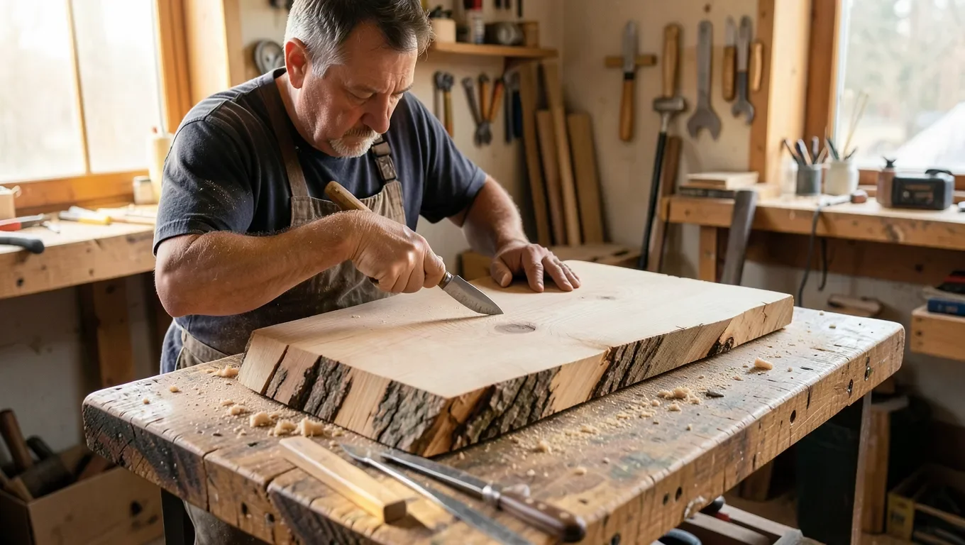 Woodworker studying a rough wood blank on a workbench without blueprints