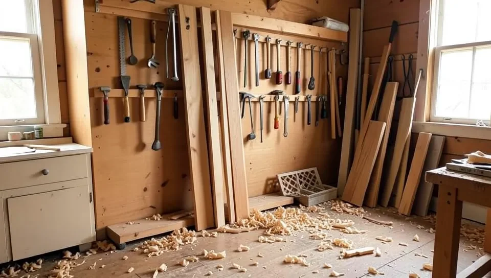 Woodworking studio interior with hand tools on the wall