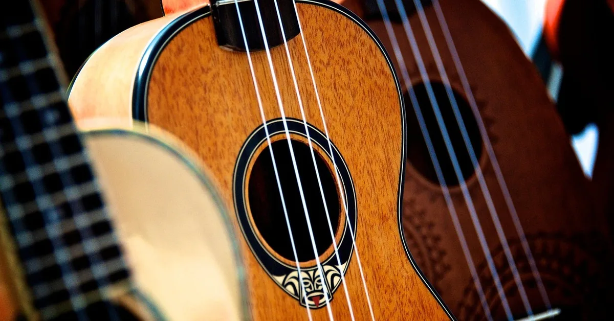 Close-up of ukulele soundboards showing different wood grain patterns