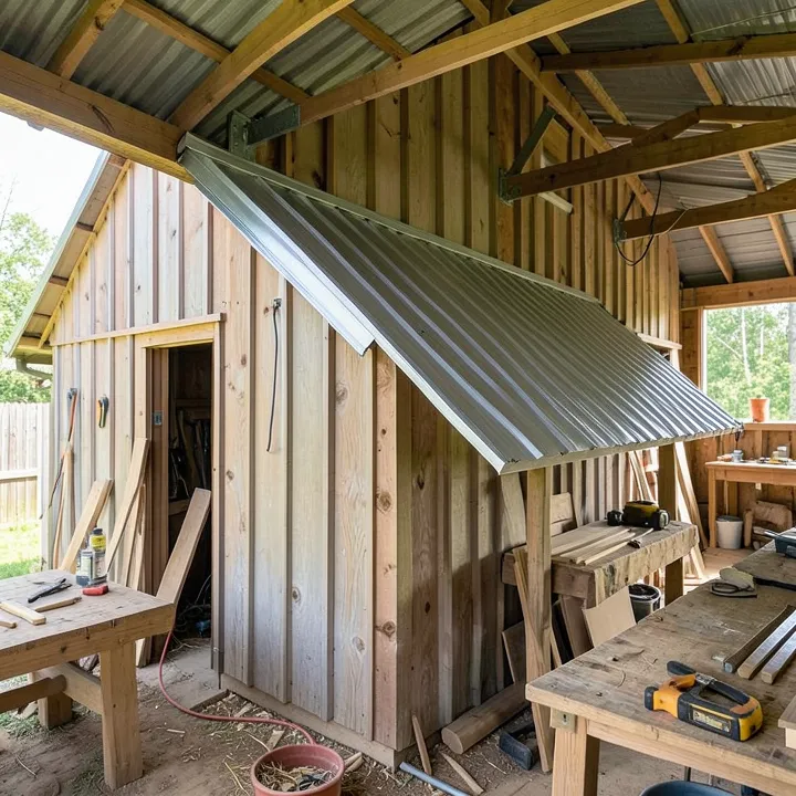 Installing metal roofing panels on a pole-barn-style building