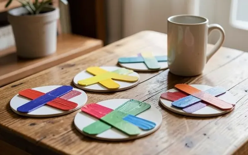 Popsicle stick cross crafts used as coasters on a wooden coffee table Popsicle stick cross crafts used as coasters on a wooden coffee table