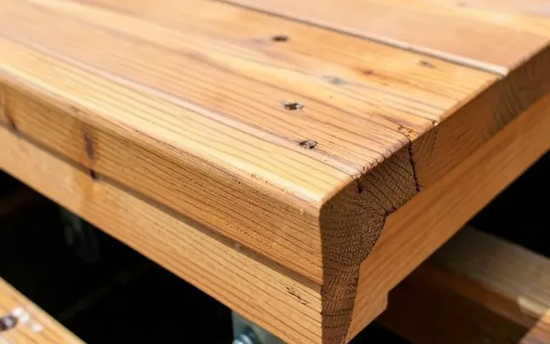 close-up of wide deck steps showing tread and riser framing close-up of wide deck steps showing tread and riser framing with joist hangers