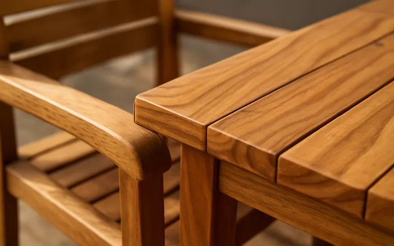 close-up of acacia wood furniture joint showing warm honey-brown wavy grain