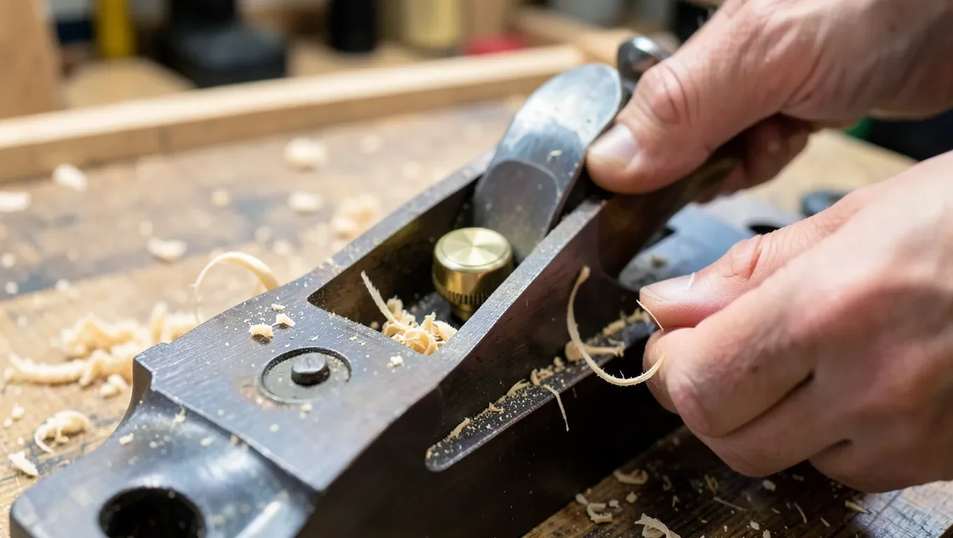 Woodworker adjusting the brass depth adjustment knob on a hand plane
