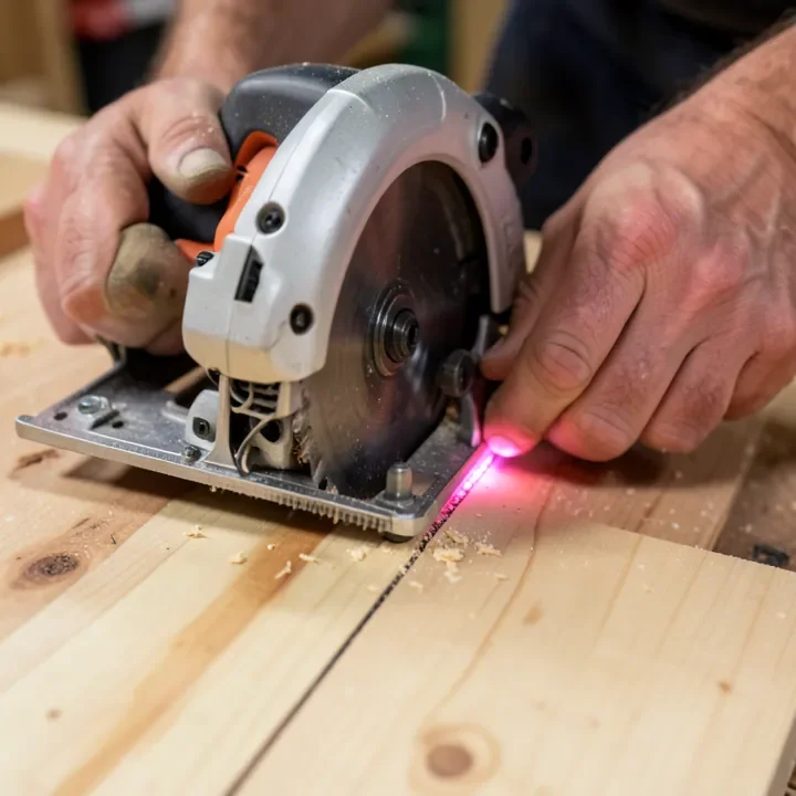 Carpenter guiding a circular saw with a laser guide along a marked cutting line