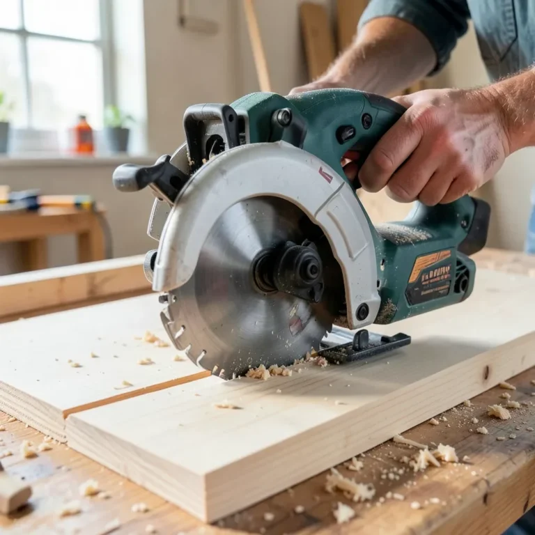 Modern cordless circular saw cutting through plywood in a home workshop