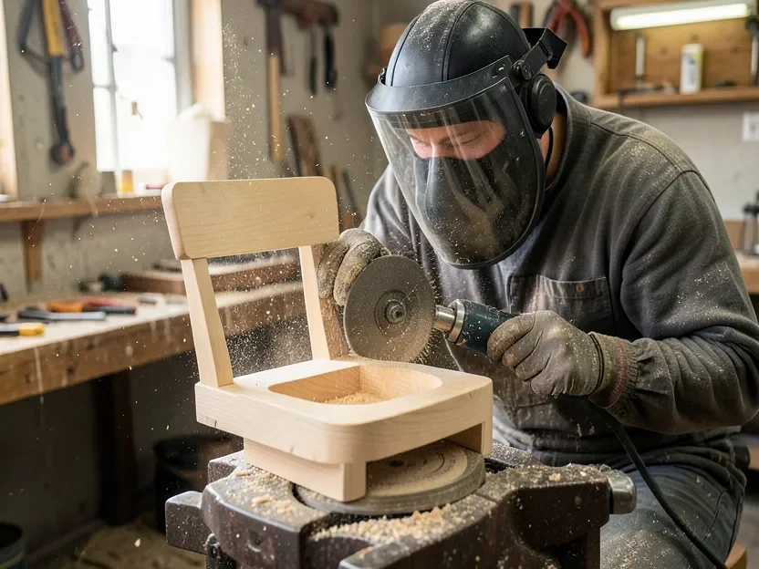 Woodworker in a face shield using an angle grinder with a carving disc to hollow a chair seat