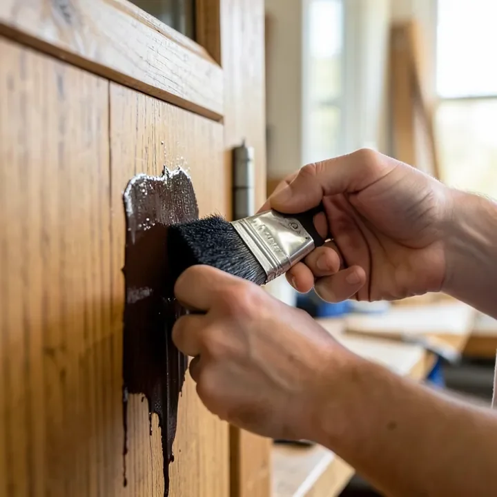 Hands applying gel stain with a foam brush to a wood cabinet door
