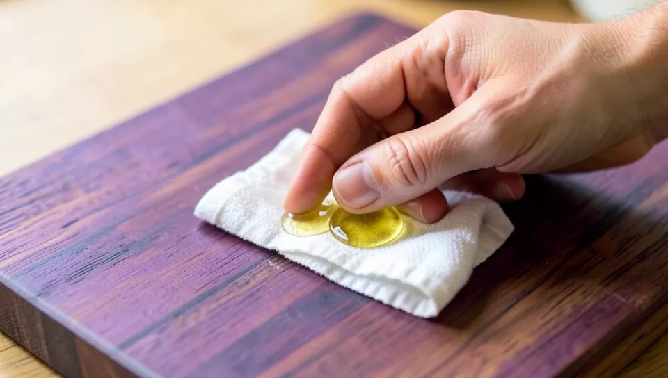 Applying food-grade mineral oil to a purpleheart cutting board