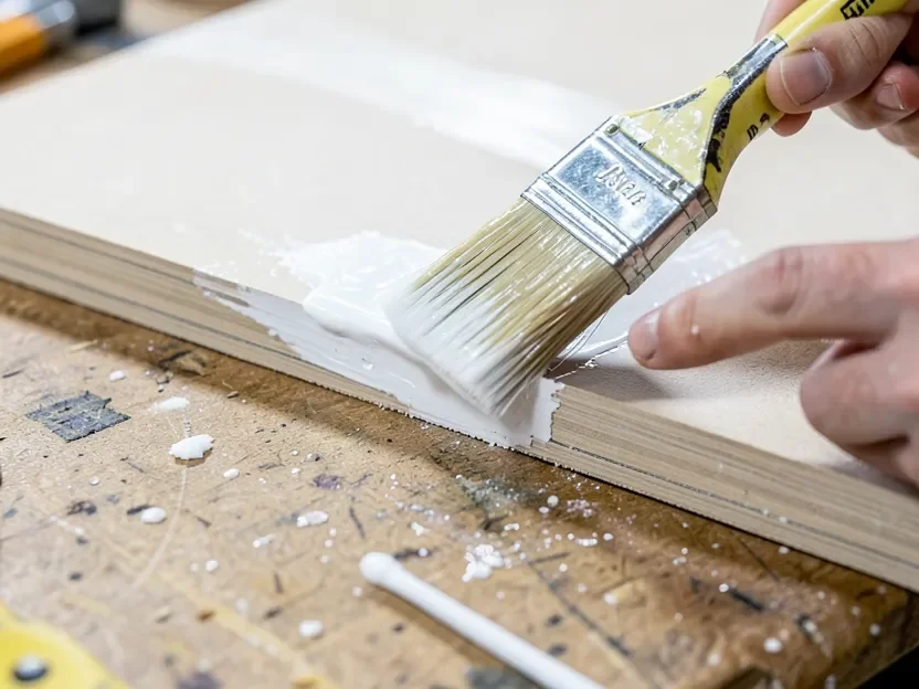 Applying white sealing primer to a raw cut edge of MDF board with a paintbrush