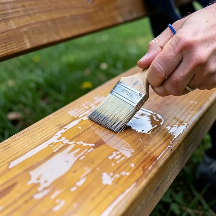 Applying clear spar urethane sealant to a maple wood outdoor bench