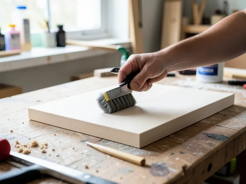 Applying pre-stain wood conditioner to a bare birch wood board with a foam brush