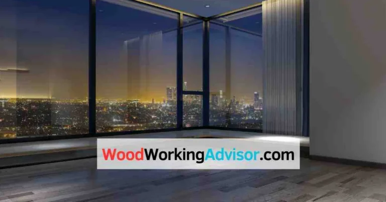 Dark hardwood floor in modern living room with matte finish and city view