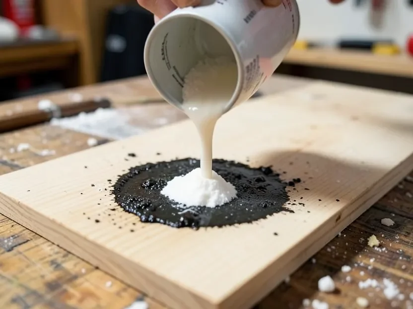 baking soda poured onto a diesel fuel stain on bare unfinished wood to absorb it