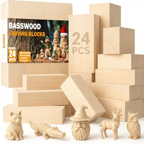 Basswood Carving Blocks 24-piece set with carved animal figures