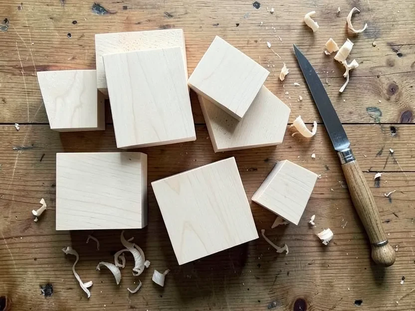 Pale basswood carving blocks of various sizes with a carving knife and wood shavings