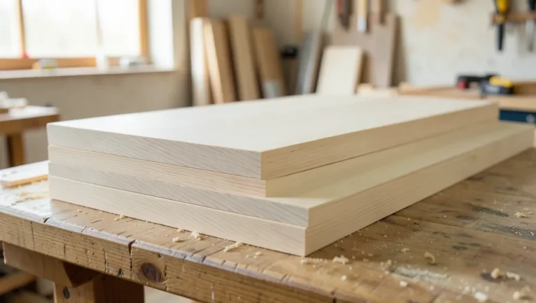 Stack of pale basswood (lime wood) lumber boards in a woodworking workshop