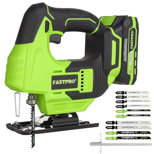 FASTPRO 20V cordless jig saw kit with 10 blades and laser guide