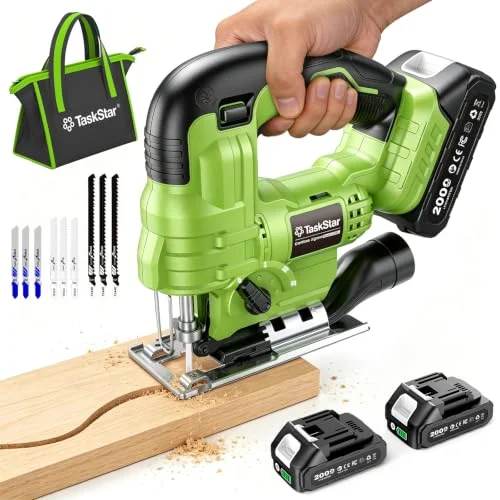 TaskStar cordless jig saw with two batteries and charger, 9 blades