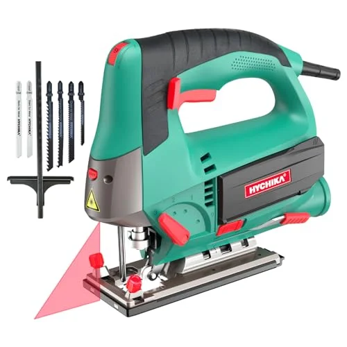 HYCHIKA Jigsaw, 6.7A Jig Saw 800-3000SPM with 6 Variable Speeds, 4 Orbital Sets, Bevel Angle 45°, 6PCS Blades, Pure Copper Motor, Laser Guide, Wood Metal Plastic Cutting
