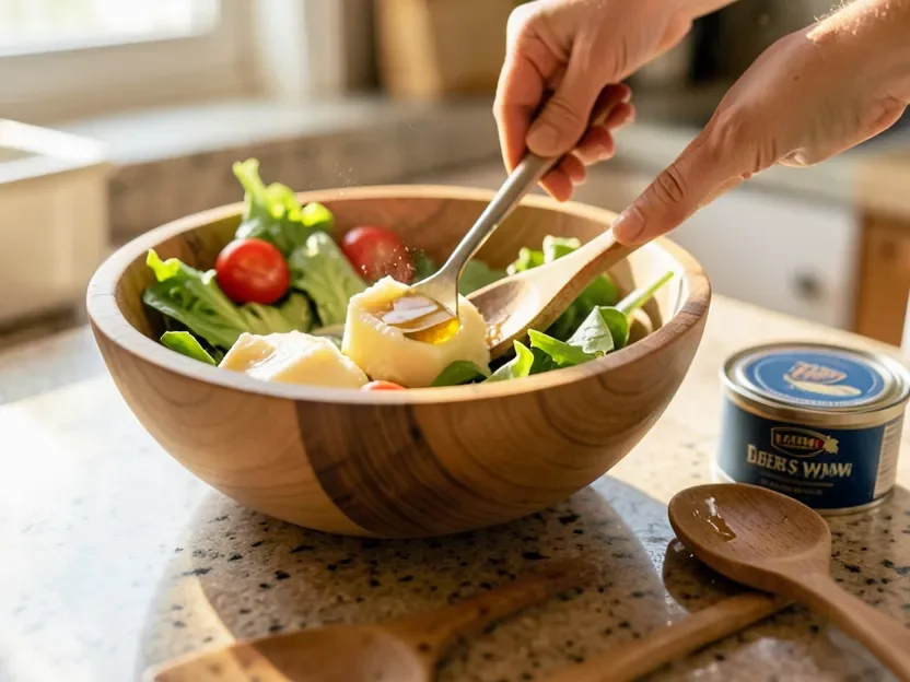 Beeswax and mineral oil being applied to a wooden salad bowl and wooden spoons