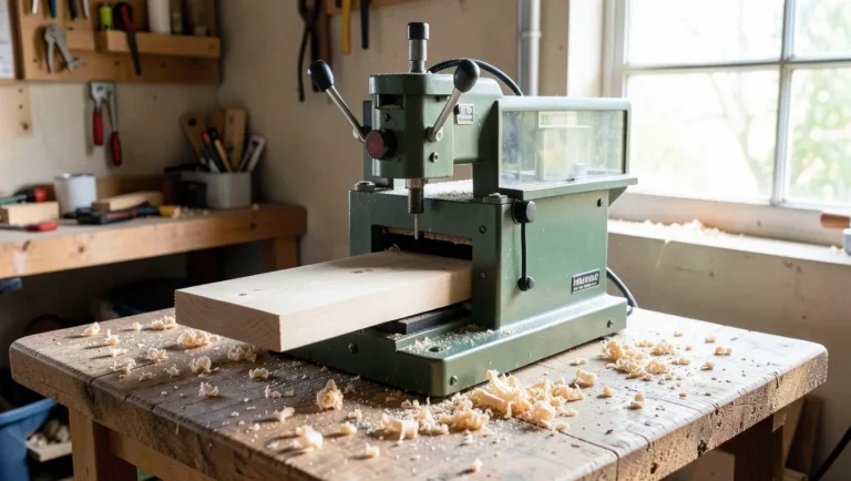 Benchtop thickness planer on a workbench with a board partially fed in and wood shavings scattered around