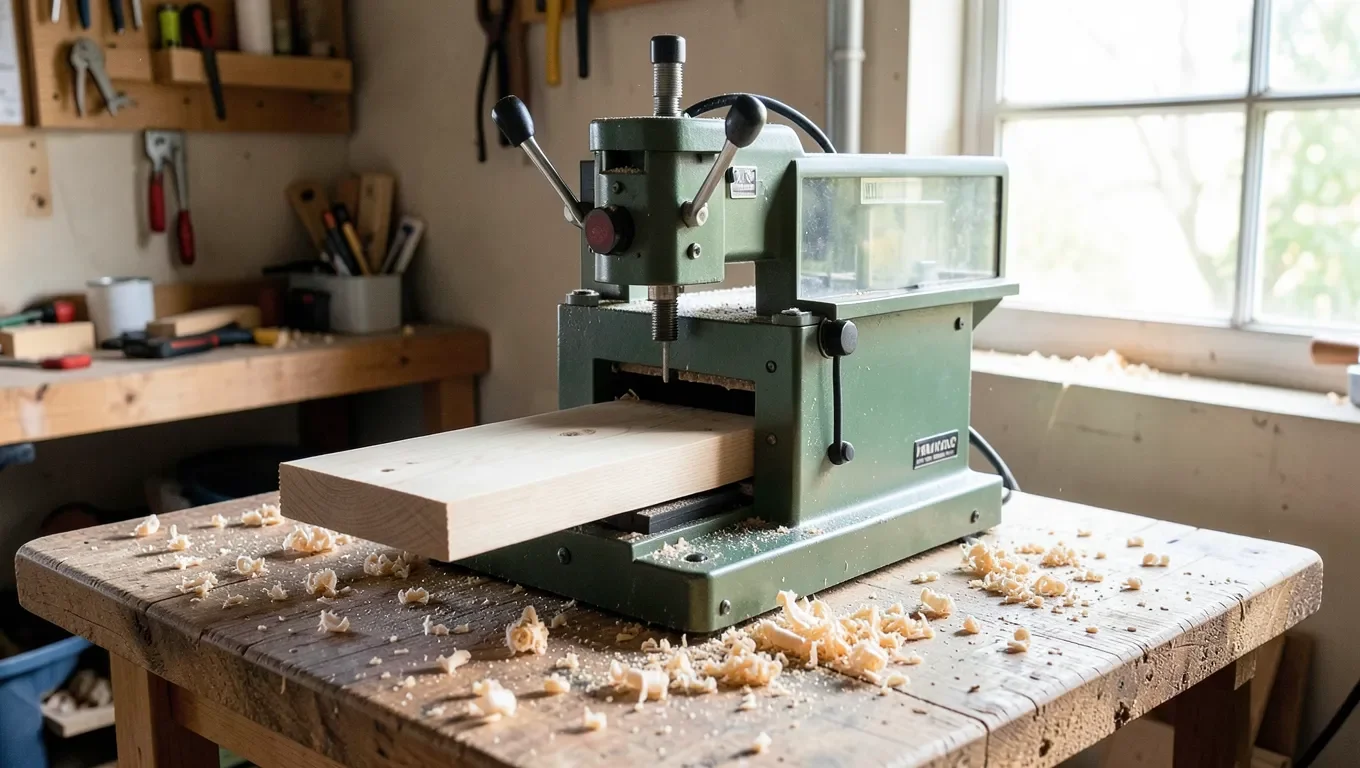 Benchtop thickness planer on a workbench with a board partially fed in and wood shavings scattered around
