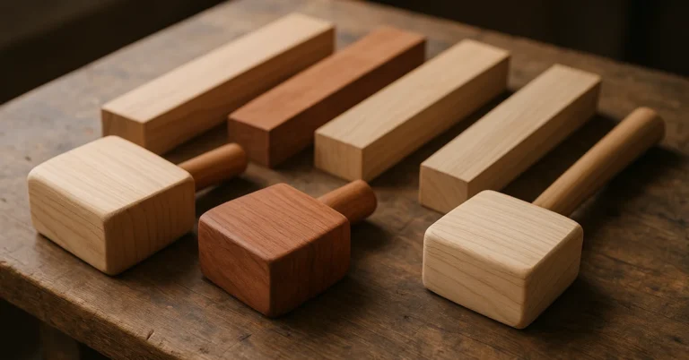 Assorted wooden mallet heads and hardwood blanks arranged on a workbench