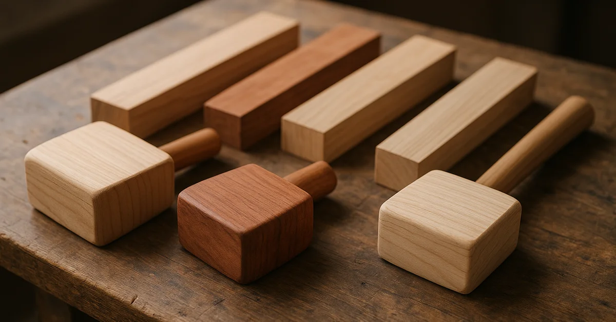 Assorted wooden mallet heads and hardwood blanks arranged on a workbench