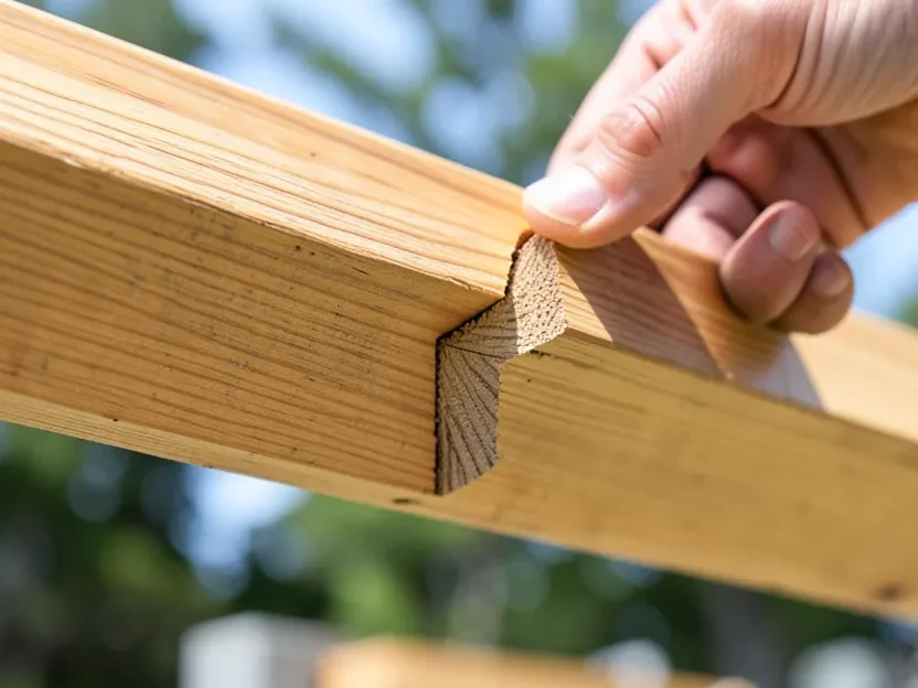 Close-up of a birdsmouth notch cut into a rafter seated over a beam