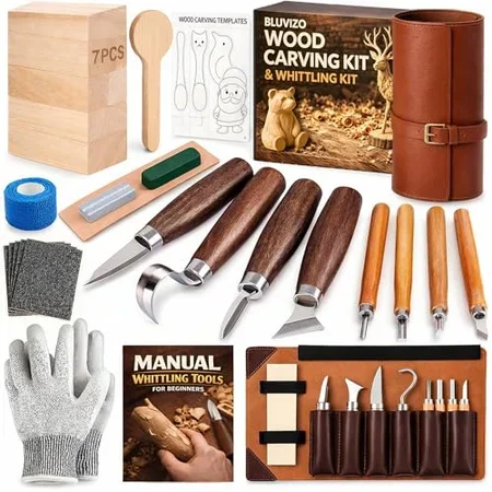Bluvizo wood carving and whittling knife kit with leather case