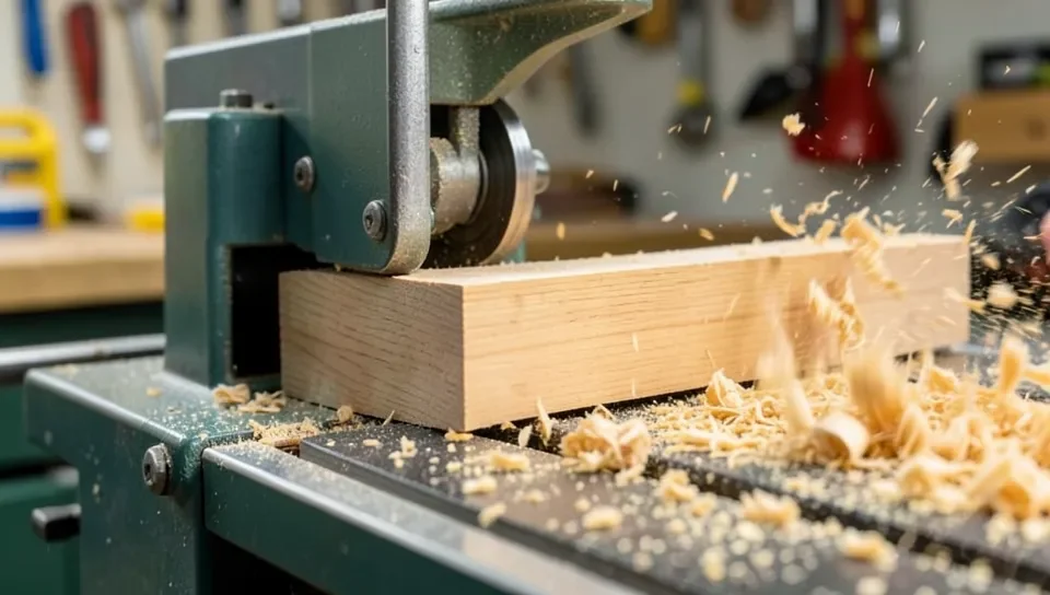 Wood board being fed through a benchtop thickness planer mounted on a mobile stand, with shavings collecting on the side