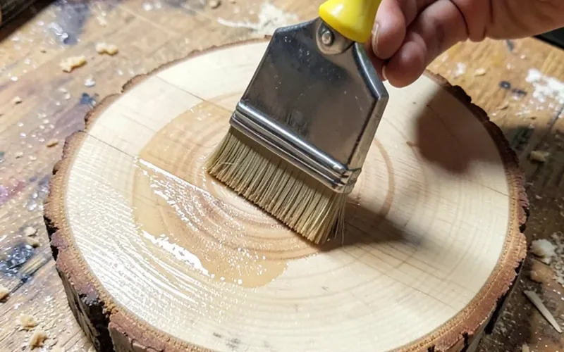 Brushing wood stabilizer onto the freshly cut face of a round wood slice Brushing wood stabilizer onto the freshly cut face of a round wood slice