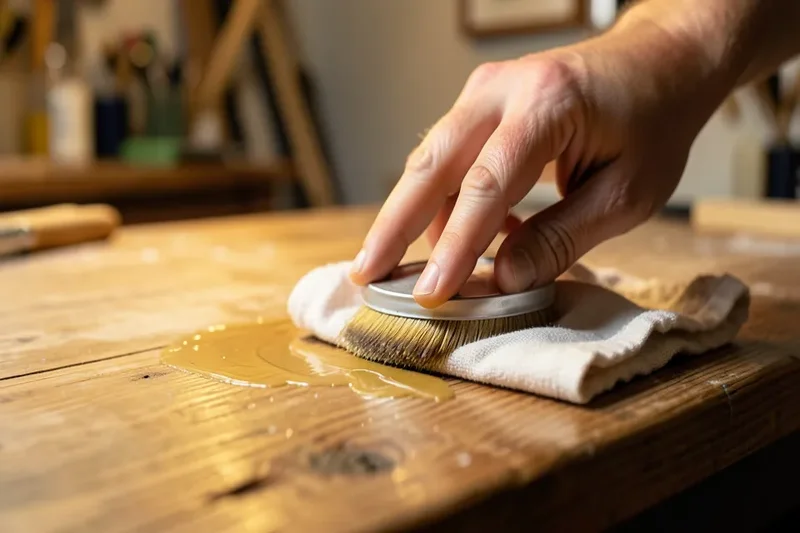 Buffing paste wax into a wood tabletop with a soft cloth