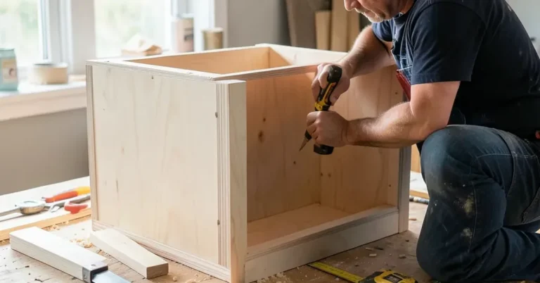 Carpenter assembling a plywood kitchen cabinet box in a home workshop