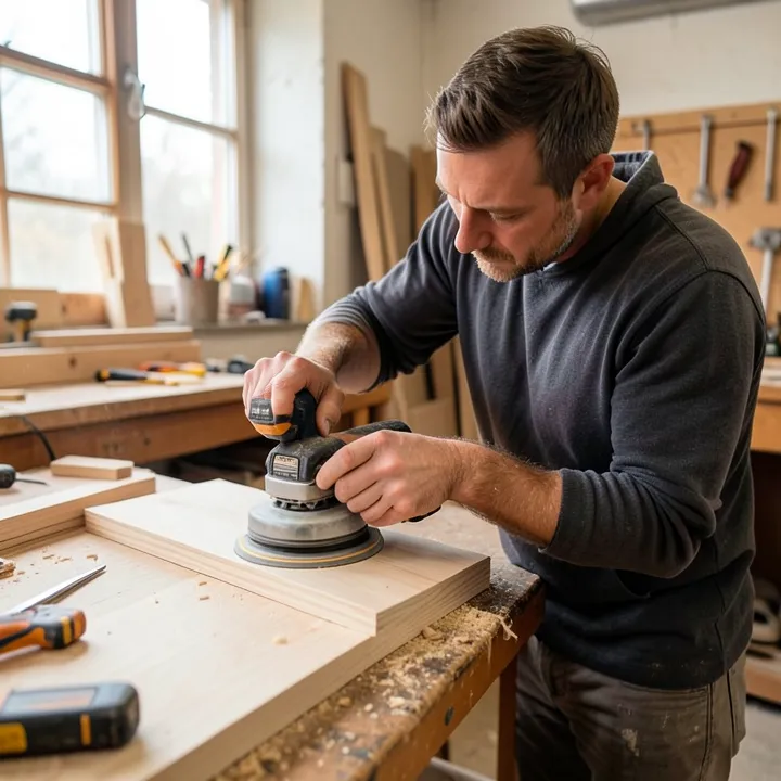 Carpenter using a cordless orbital sander on a light wood board in a workshop