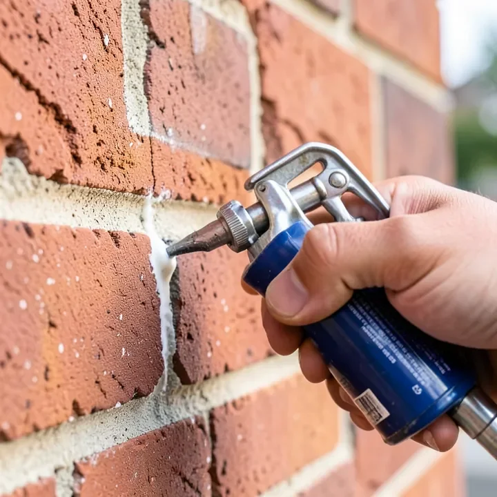 Hand applying construction adhesive with a caulking gun to a brick wall