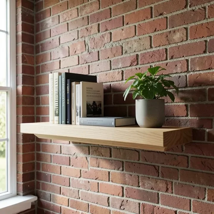 Wooden floating shelf mounted on an interior brick accent wall