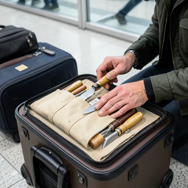 Rolling wood carving tools into a canvas tool roll before checking luggage