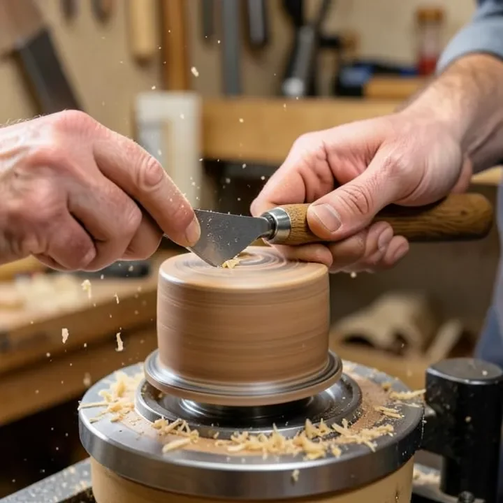 woodturner holding a handheld gouge against a spinning wood spindle on a wood lathe